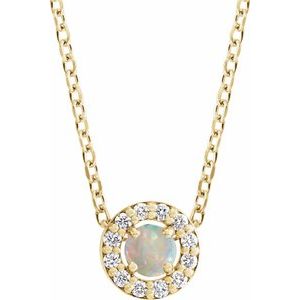 Ladies Cabochon Natural White Opal Natural Diamond Halo-Style Necklace (I1, G-H) — 14K Yellow Gold