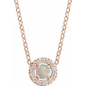 Ladies Cabochon Natural White Opal Natural Diamond Halo-Style Necklace (I1, G-H) — 14K Rose Gold