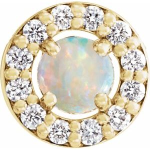 Ladies Cabochon Natural White Opal Natural Diamond Halo-Style Pendant (I1, G-H) — 14K Yellow Gold