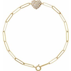 Ladies Natural Diamond Heart Paperclip-Style Bracelet (I1, G-H) — 14K Yellow Gold