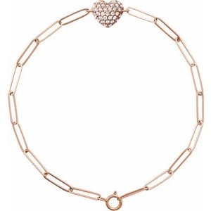 Ladies Natural Diamond Heart Paperclip-Style Bracelet (I1, G-H) — 14K Rose Gold