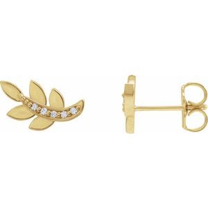 Ladies Natural Diamond Leaf Earrings — 14K Yellow Gold