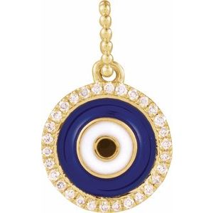 Ladies Natural Diamond Blue Enameled Evil Eye Pendant — 14K Yellow Gold