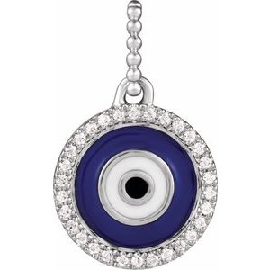 Ladies Natural Diamond Blue Enameled Evil Eye Pendant — Sterling Silver