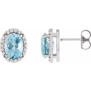 Ladies 5x3 mm Natural Aquamarine Natural Diamond Halo-Style Earrings — Sterling Silver