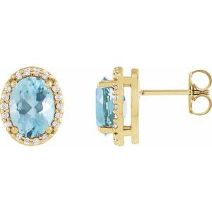 Ladies 5x3 mm Natural Aquamarine Natural Diamond Halo-Style Earrings — 14K Yellow Gold