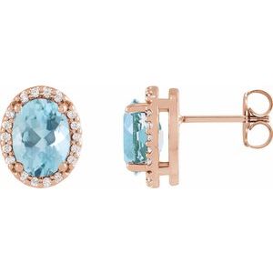 Ladies 5x3 mm Natural Aquamarine Natural Diamond Halo-Style Earrings — 14K Rose Gold