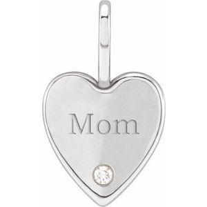 Ladies Natural Diamond Engraved MOM Heart Charm/Pendant (I1, G-H) — Sterling Silver