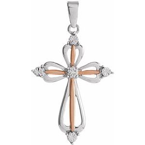 Ladies Plated Natural Diamond Cross Pendant — 14K Rose Gold-Plated Sterling Silver