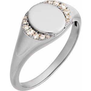 Ladies Engravable Natural Diamond Signet Ring (I1, G-H) — 14K White Gold