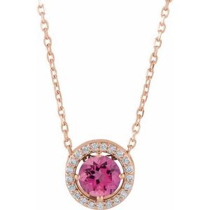 Ladies Natural Pink Tourmaline Natural Diamond Halo-Style Necklace (I1, G-H) — 14K Rose Gold