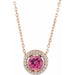 Ladies Natural Pink Tourmaline Natural Diamond Halo-Style Necklace (I1, G-H) — 14K Rose Gold