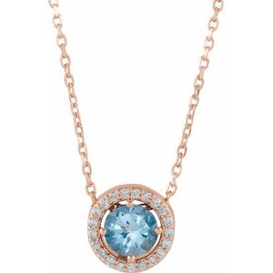 Ladies Natural Aquamarine Natural Diamond Semi-Set Halo-Style Necklace (I1, G-H) — 14K Rose Gold