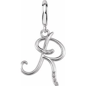 Ladies Script Initial R Natural Diamond Charm/Pendant (I2, G-H) — Sterling Silver
