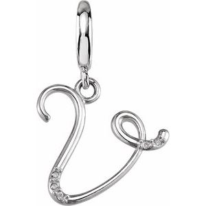 Ladies Script Initial V Natural Diamond Charm/Pendant (I2, G-H) — Sterling Silver