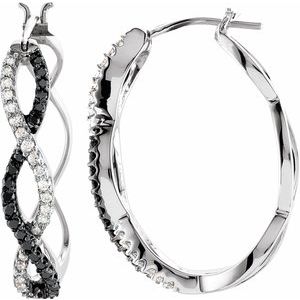 Ladies Black White Natural Diamond Hoop Earrings (I1, H+) — 14K White Gold