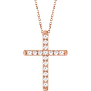 Ladies Natural Diamond French-Set Cross Necklace (I1, G-H) — 14K Rose Gold