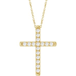 Ladies Natural Diamond French-Set Cross Necklace (I1, G-H) — 14K Yellow Gold