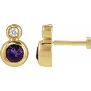 Ladies 4 mm Natural Amethyst Natural Diamond Earring — 14K Yellow Gold