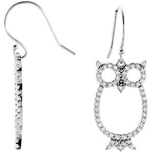 Ladies Natural Diamond Owl Earrings — 14K White Gold