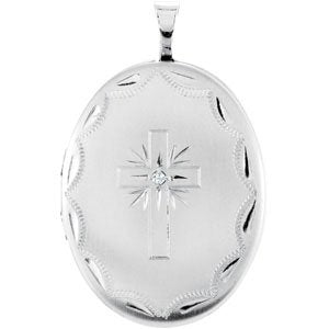 Ladies Natural Diamond Oval Locket Cross Necklace (I2-I3, H-I) — Sterling Silver