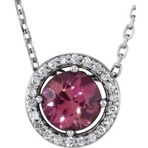 Ladies Natural Pink Tourmaline Natural Diamond Halo-Style Necklace (I1, G-H) — Sterling Silver