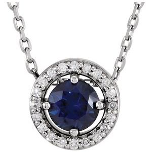 Ladies Natural Blue Sapphire Natural Diamond Halo-Style Necklace (I1, G-H) — Sterling Silver