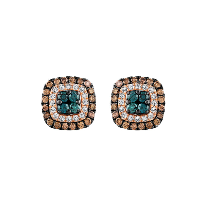 LADIES EARRINGS 1.00CT ROUND/DARK BROWN/BLUE DIAMOND 14K ROSE GOLD