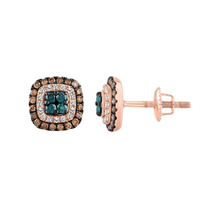 LADIES EARRINGS 1.00CT ROUND/DARK BROWN/BLUE DIAMOND 14K ROSE GOLD