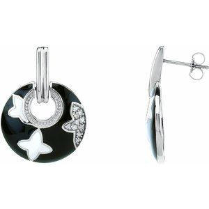 Ladies Natural Diamond Black Enamel Left Earring — Sterling Silver