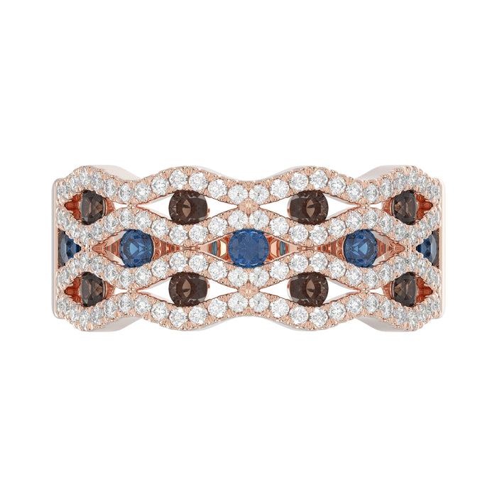 14K Rose Gold 1.00Ct Round Blue & Dark Brown Diamond Ladies Band Multi Color Fine Jewelry
