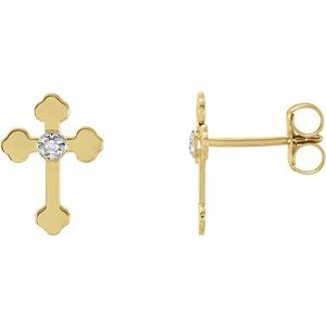 Ladies 14K Yellow/ Natural Diamond Cross Earrings — 14K Yellow/White Gold