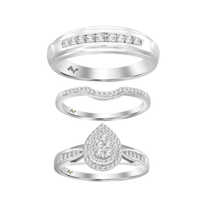 Sterling Silver 0.50CT Round Diamond Ladies Trio Bridal Ring Set Engagement & Wedding Ring Set For Women