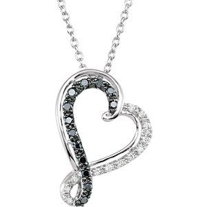 Ladies Natural Black White Diamond Heart Necklace (I2, H+) — Sterling Silver