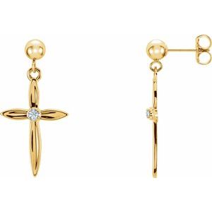 Ladies 14K Yellow/ Natural Diamond Cross Earrings — 14K Yellow/White Gold