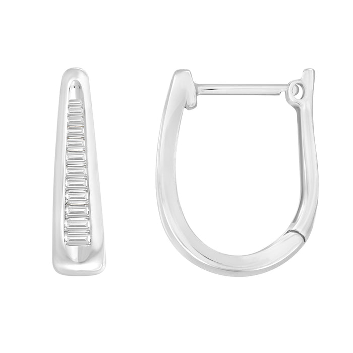 Sterling Silver White 0.15CT Baguette Diamond Hoop Earrings In Elegant Diamond For Women