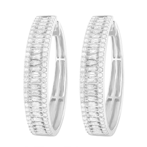 LADIES HOOP EARRINGS 1.50CT ROUND/BAGUETTE DIAMOND 10K WHITE GOLD