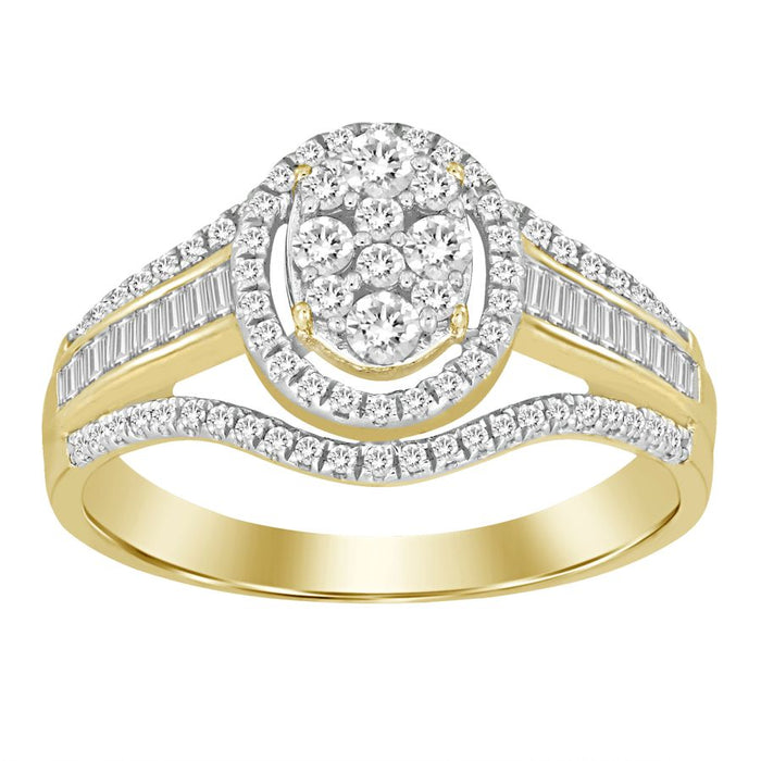 LADIES FASHION RING 0.50CT ROUND/BAGUETTE DIAMOND 10K YELLOW GOLD