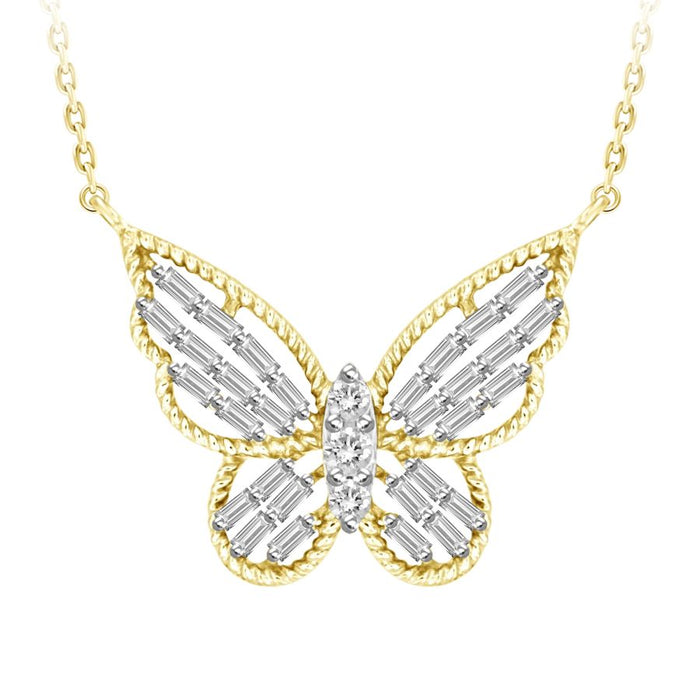 LADIES NECKLACE 0.25CT ROUND/BAGUETTE DIAMOND 10K YELLOW GOLD