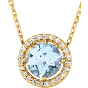Ladies Natural Aquamarine Natural Diamond Semi-Set Halo-Style Necklace (I1, G-H) — 14K Yellow Gold