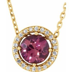 Ladies Natural Pink Tourmaline Natural Diamond Halo-Style Necklace (I1, G-H) — 14K Yellow Gold