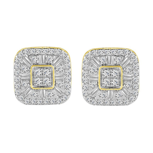 LADIES STUD EARRINGS 1.00CT ROUND/BAGUETTE DIAMOND 10K YELLOW GOLD