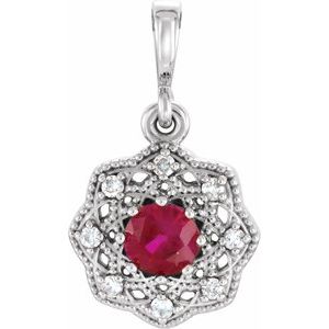 Ladies Natural Ruby Natural Diamond Halo-Style Pendant (I1, G-H) — 14K White Gold