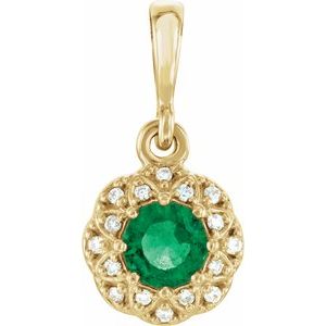 Ladies Natural Emerald Natural Diamond Halo-Style Pendant (I1, G-H) — 14K Yellow Gold