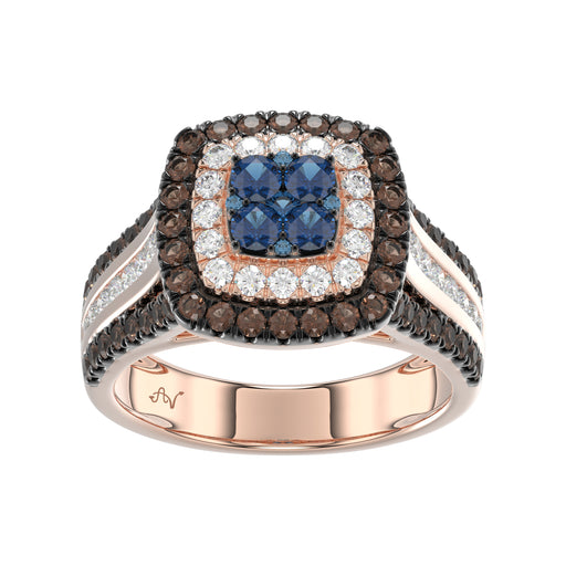 Bold And Elegant 14K Rose Gold Ladies Ring Featuring 1.50Ct Round Diamonds In Blue, Dark Brown , And White Tones. A Striking Multi-Stone Design Perfec
