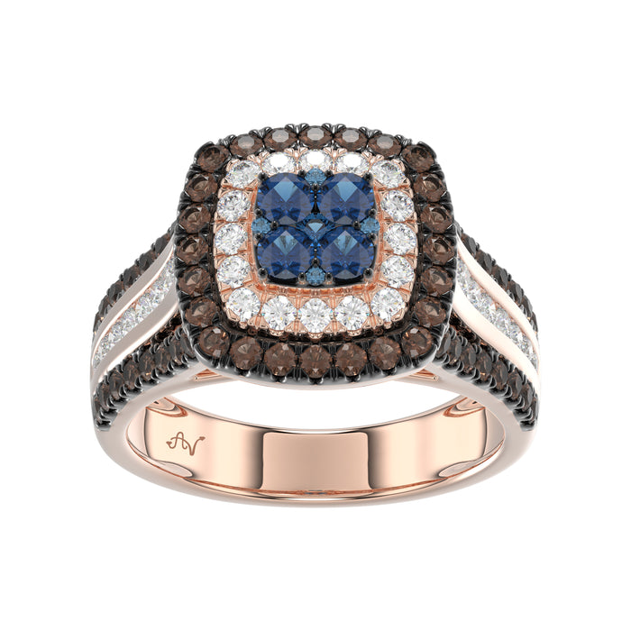 Bold And Elegant 14K Rose Gold Ladies Ring Featuring 1.50Ct Round Diamonds In Blue, Dark Brown , And White Tones. A Striking Multi-Stone Design Perfec