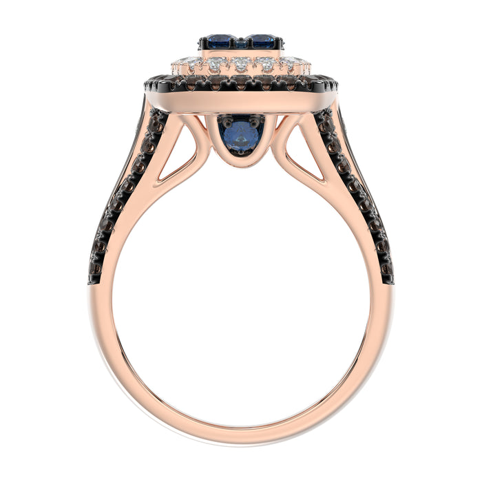 Bold And Elegant 14K Rose Gold Ladies Ring Featuring 1.50Ct Round Diamonds In Blue, Dark Brown , And White Tones. A Striking Multi-Stone Design Perfec