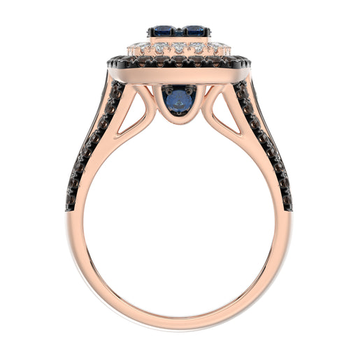 Bold And Elegant 14K Rose Gold Ladies Ring Featuring 1.50Ct Round Diamonds In Blue, Dark Brown , And White Tones. A Striking Multi-Stone Design Perfec