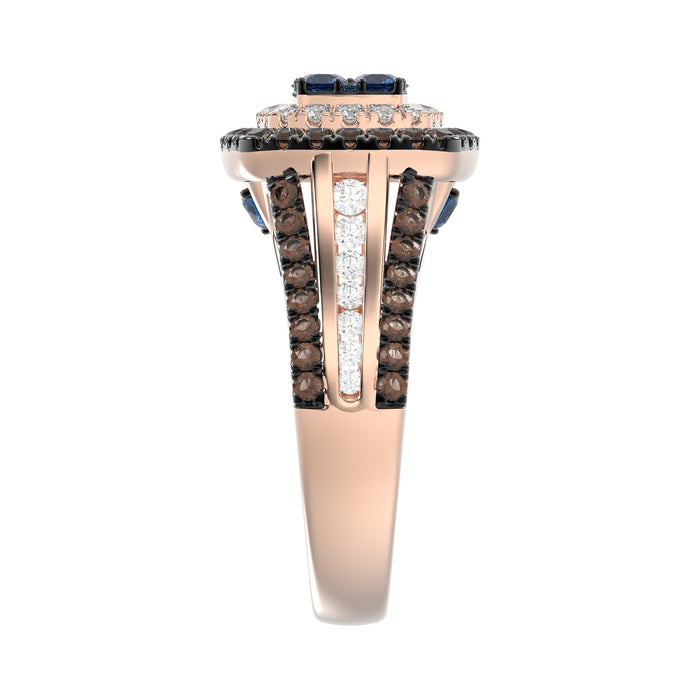 Bold And Elegant 14K Rose Gold Ladies Ring Featuring 1.50Ct Round Diamonds In Blue, Dark Brown , And White Tones. A Striking Multi-Stone Design Perfec