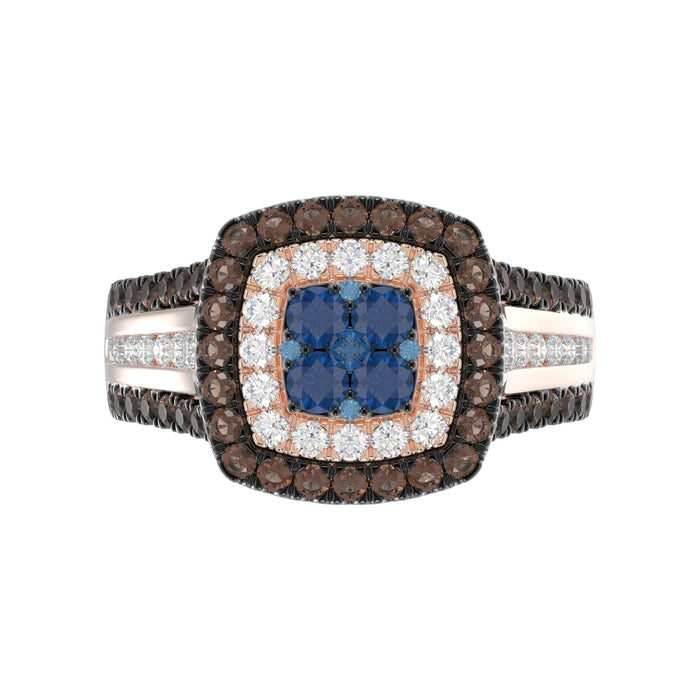 Bold And Elegant 14K Rose Gold Ladies Ring Featuring 1.50Ct Round Diamonds In Blue, Dark Brown , And White Tones. A Striking Multi-Stone Design Perfec